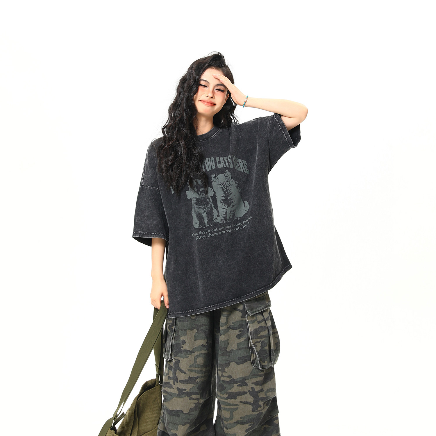 美式復古黑猫印花短袖T恤女夏季寬鬆水洗做舊潮牌tee