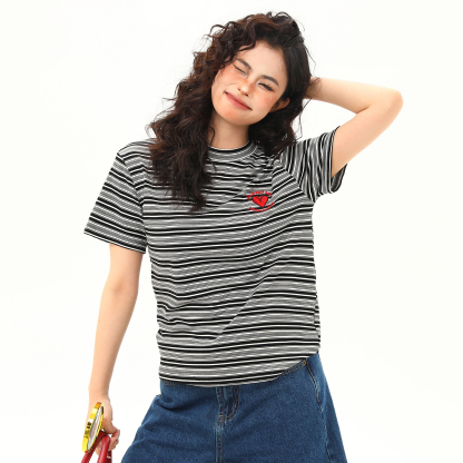 正肩T恤女微寬鬆美式復古黑白條紋高級感短款短袖百搭