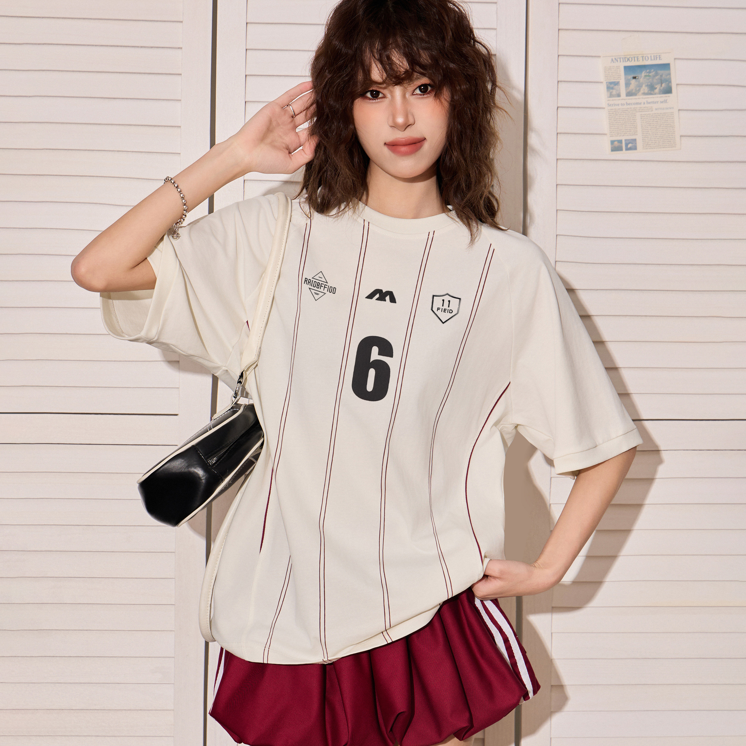 條紋正肩短袖t恤女夏新款oversize寬鬆顯瘦運動球衣上衣