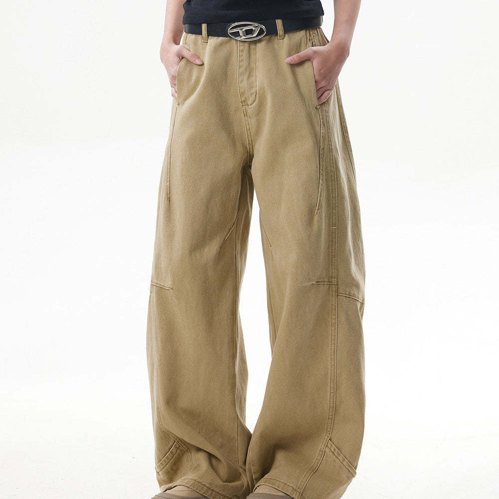 美式復古解構設計感vintage工裝褲女卡其色拼接彎刀褲