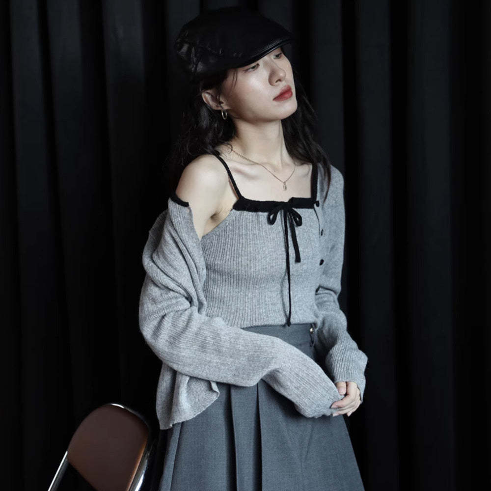 針織設計感開衫外套灰色兩件套小衫秋季新款小眾復古上衣
