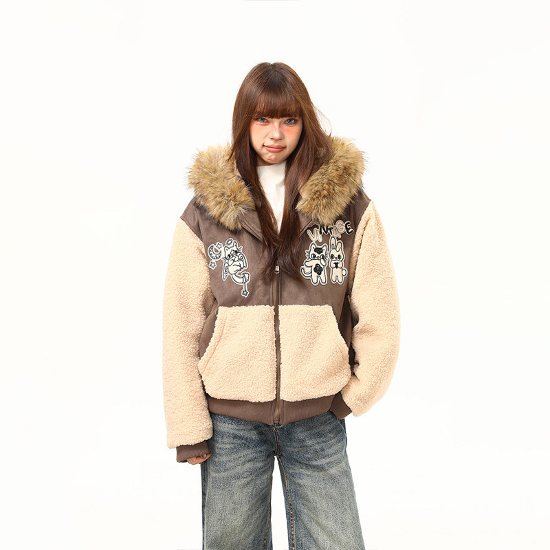 美式復古羊羔絨拼接毛領兔耳朵棉服外套女冬季加厚棉襖