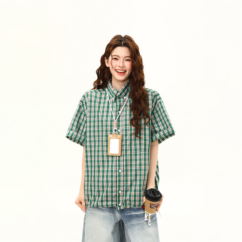 夏季學院艺文感經典格紋襯衫女復古寬鬆百搭格子短袖襯衣