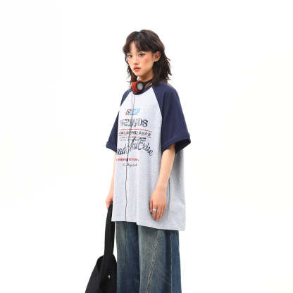 美式復古撞色插肩袖字母短袖T恤女夏季百搭體恤潮ins