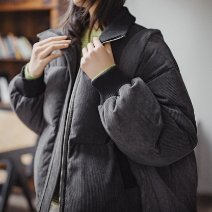 90白鴨絨灰色燈芯絨高立領短款加厚保暖麵包羽絨服外套女士冬