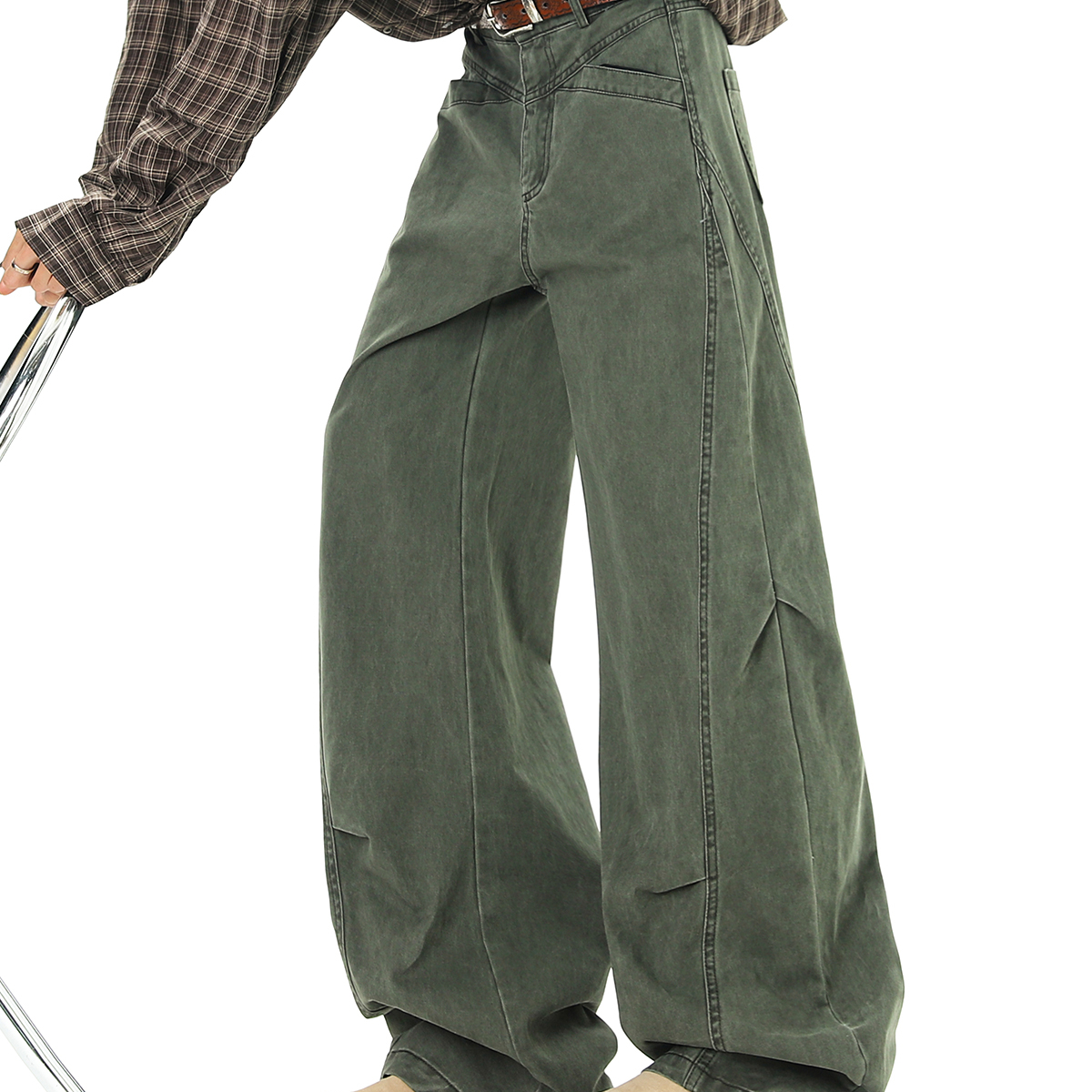 軍綠色解構工裝褲女秋季復古水洗褶皺闊腿傘兵褲寬鬆彎刀休閒褲