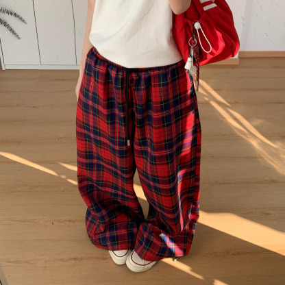 美式復古紅色格紋休閒褲子女寬鬆直筒闊腿格子褲潮流百搭