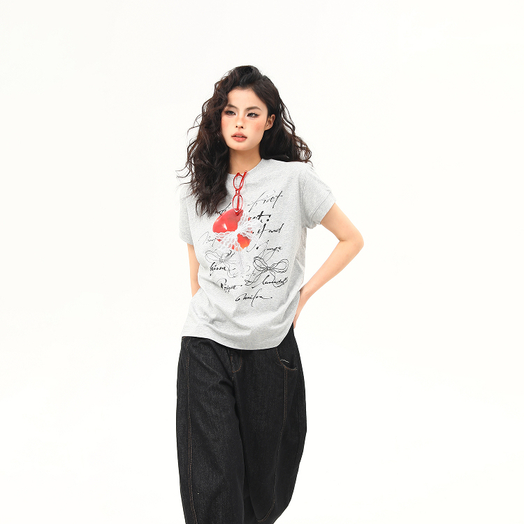 美式復古設計感印花boxy正肩T恤女夏季百搭顯瘦短款短袖