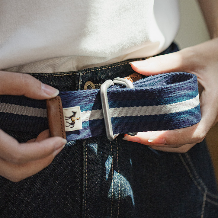 馬登女裝 藍白拼色雙環扣編織腰帶學院風免打孔帆布鬆緊皮帶四季配飾女