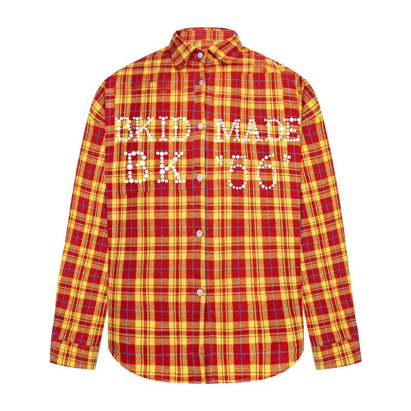 美式復古珍珠字母格紋襯衫長袖春夏休閒女同款外套襯衣