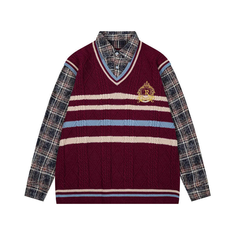 美式復古學院風假兩件毛衣女秋冬寬鬆格子針織衫上衣