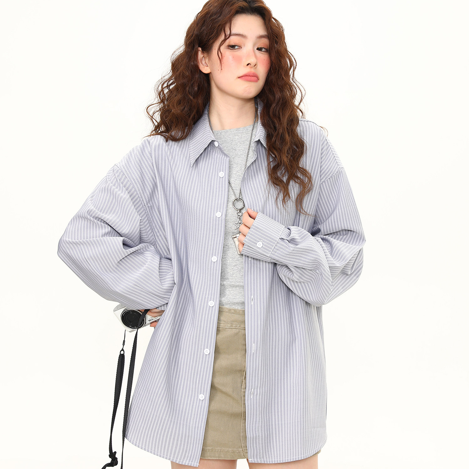 復古休閒通勤高智感長袖襯衫女寬鬆百搭慵懶早春條紋襯衣