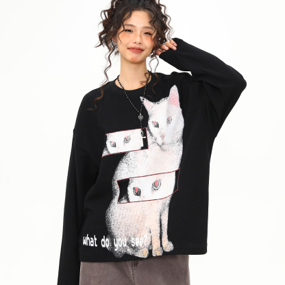 美式復古猫咪印花設計感圓領長袖T恤女秋冬新款百搭上衣