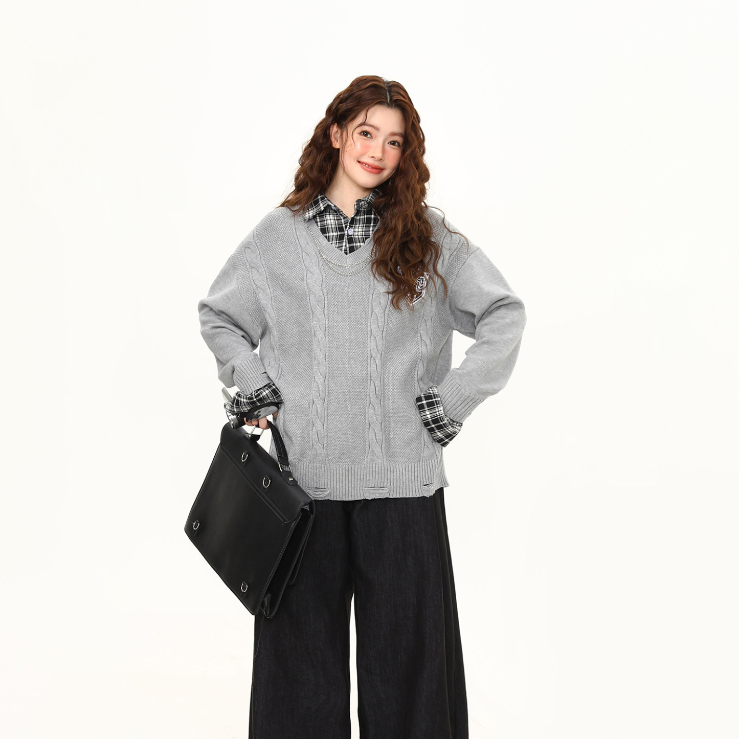 美式復古格子拼接假兩件針織衫毛衣女春秋學院風上衣
