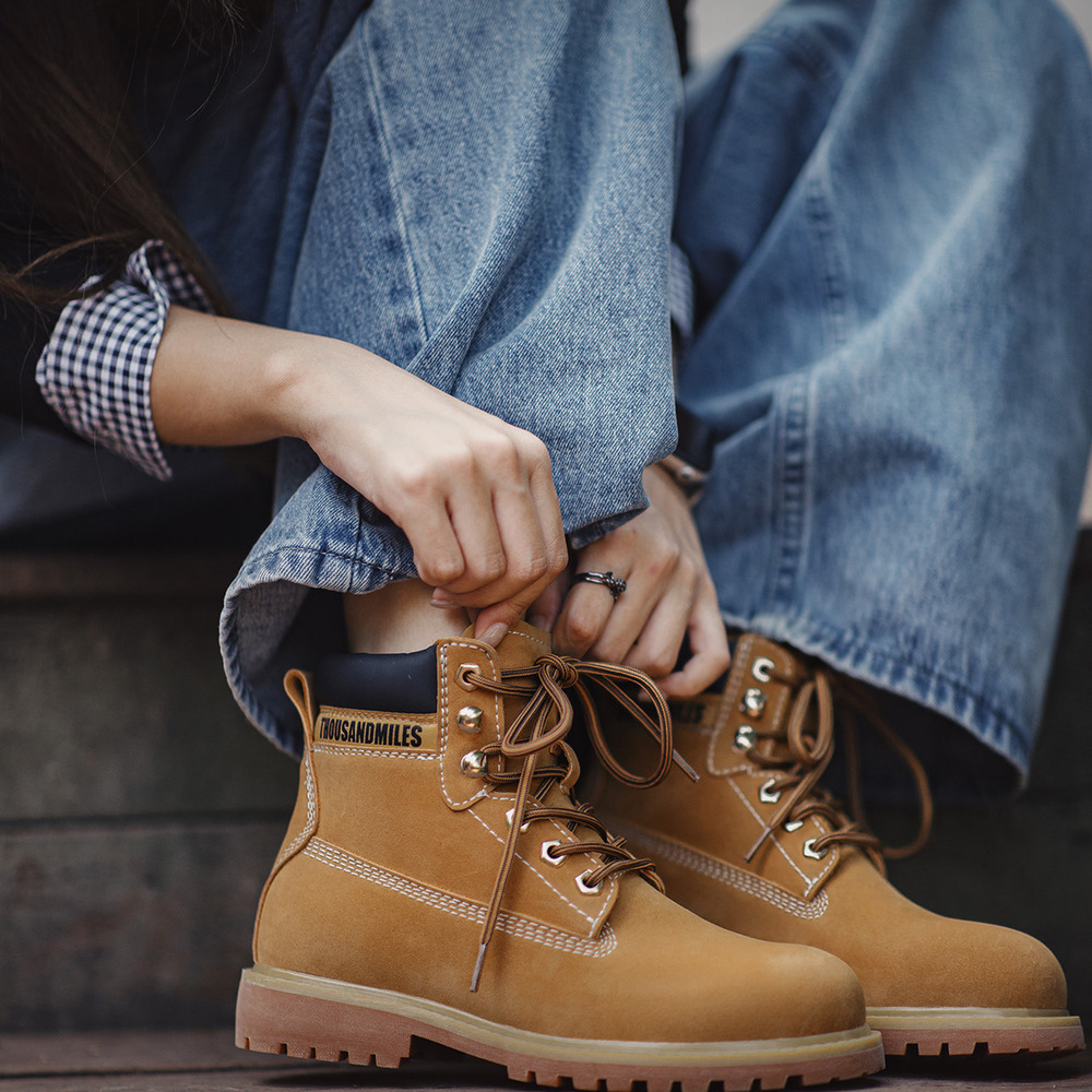 馬登女裝 美式大黃靴英倫風中幫馬丁靴戶外登山靴復古工裝短靴子春秋女