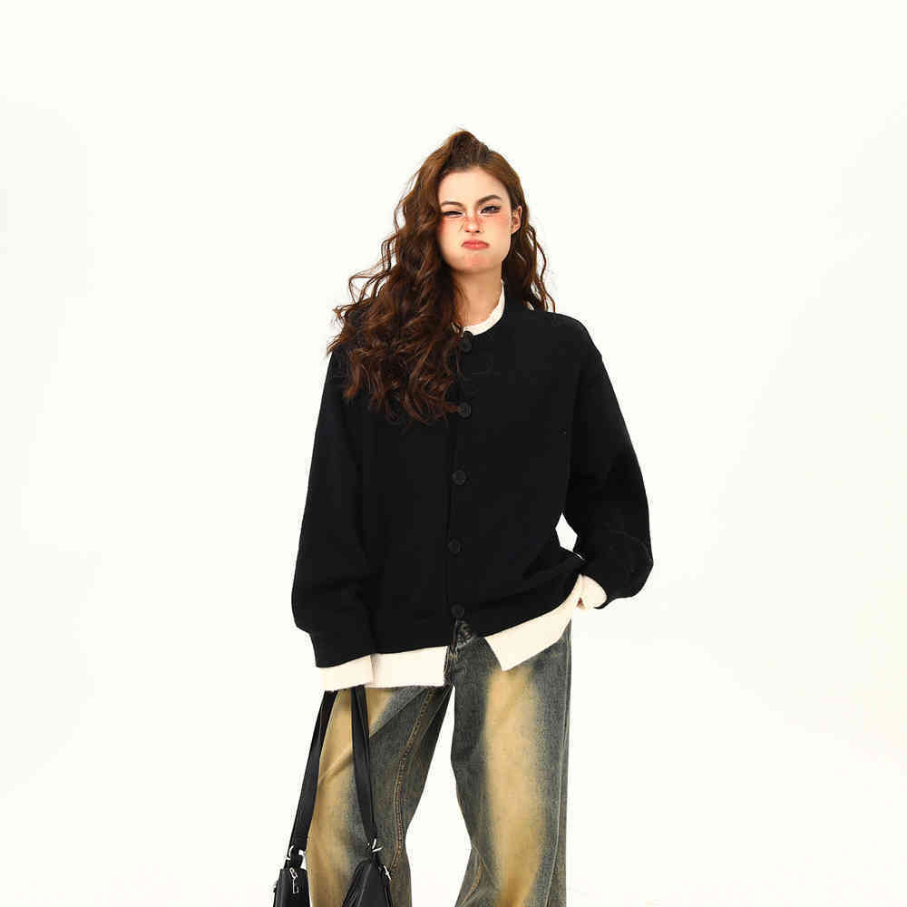 美式復古假兩件針織衫毛衣女秋冬美拉德慵懶寬鬆上衣