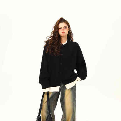 美式復古假兩件針織衫毛衣女秋冬美拉德慵懶寬鬆上衣