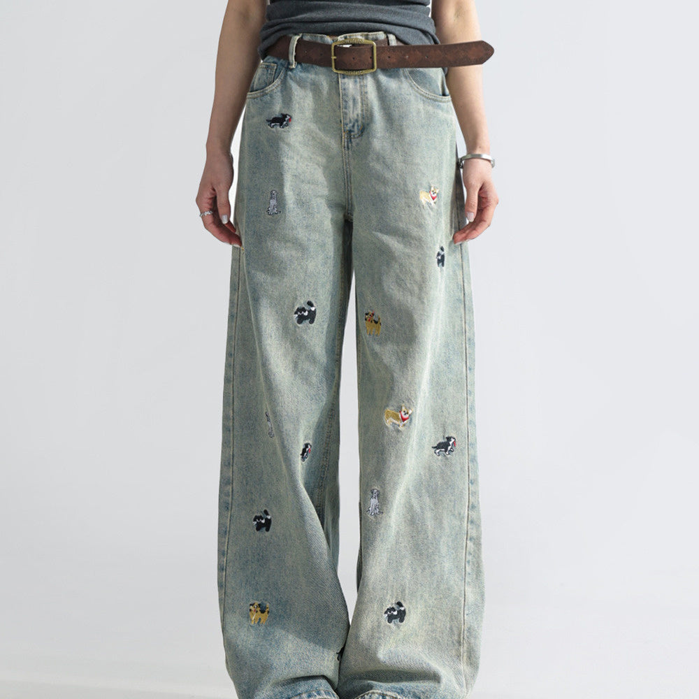 童趣小狗刺繡牛仔褲女闊腿寬鬆拖地褲高腰顯瘦直筒褲