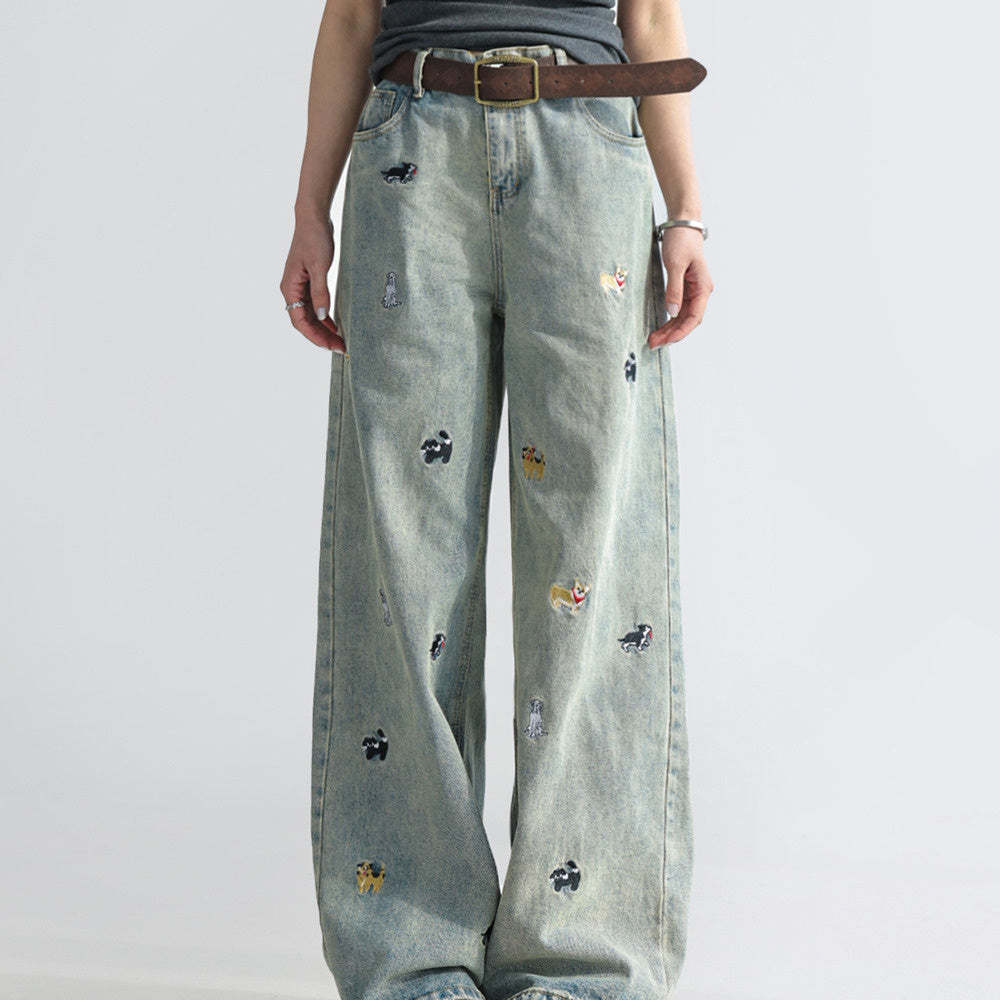 童趣小狗刺繡牛仔褲女闊腿寬鬆拖地褲高腰顯瘦直筒褲