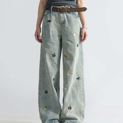 童趣小狗刺繡牛仔褲女闊腿寬鬆拖地褲高腰顯瘦直筒褲