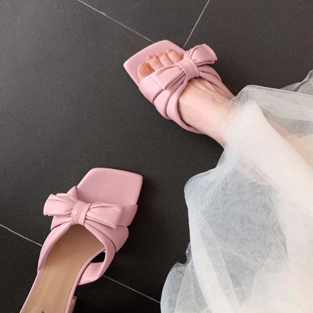 方頭蝴蝶結粗跟拖鞋女羊皮褶皺露趾穆勒一字涼拖外穿夏