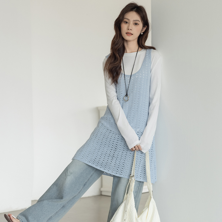 杏色疊穿鏤空背心連衣裙女2025春季韓系中長裙