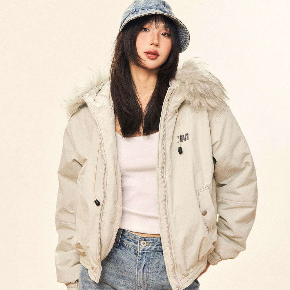 美式復古毛領連帽棉服女冬季加厚小個子短款棉衣派克服外套