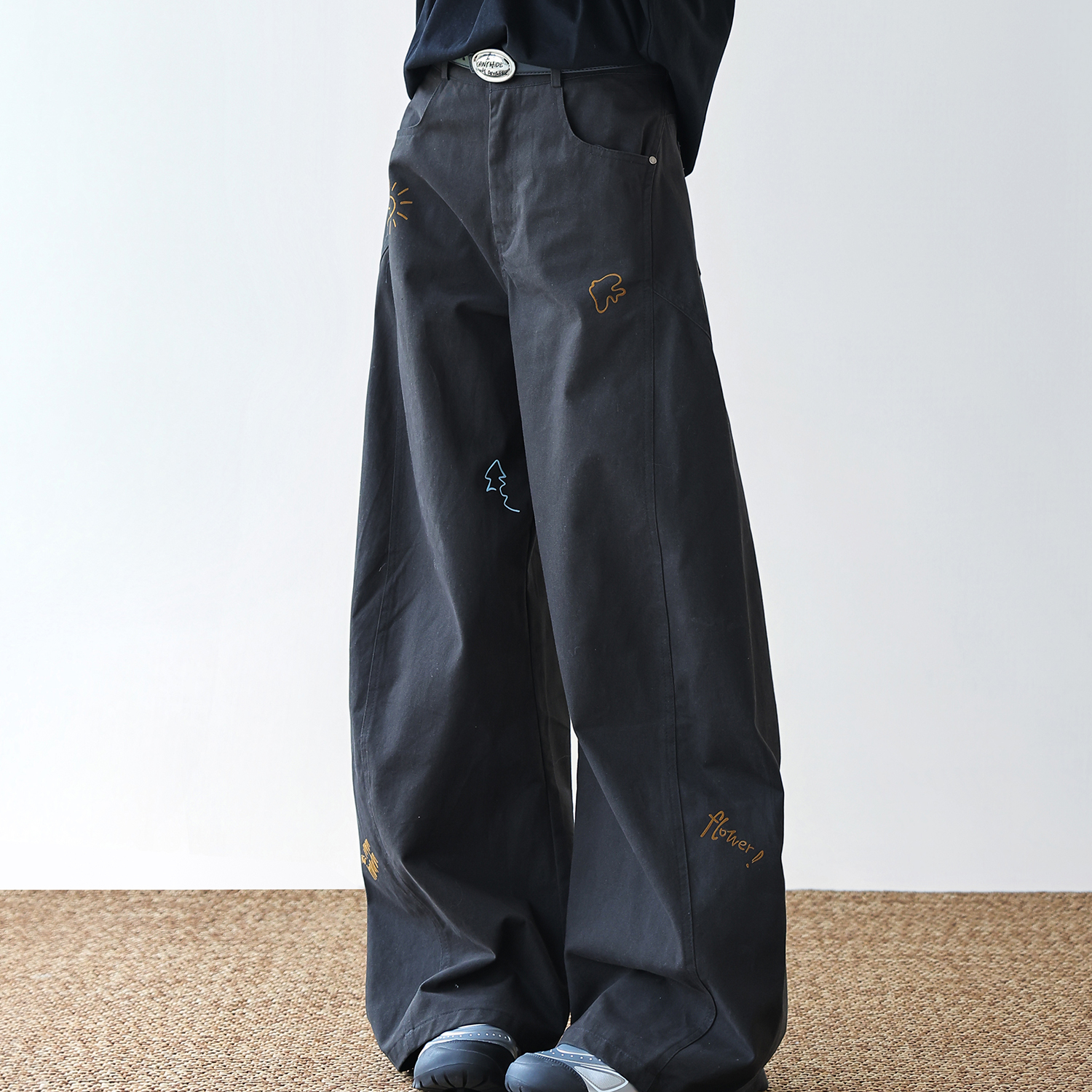 卡通印花闊腿褲女2025新款純棉水洗彎刀褲寬鬆休閒褲