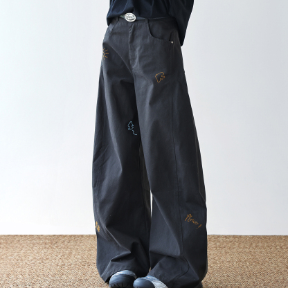 卡通印花闊腿褲女2025新款純棉水洗彎刀褲寬鬆休閒褲