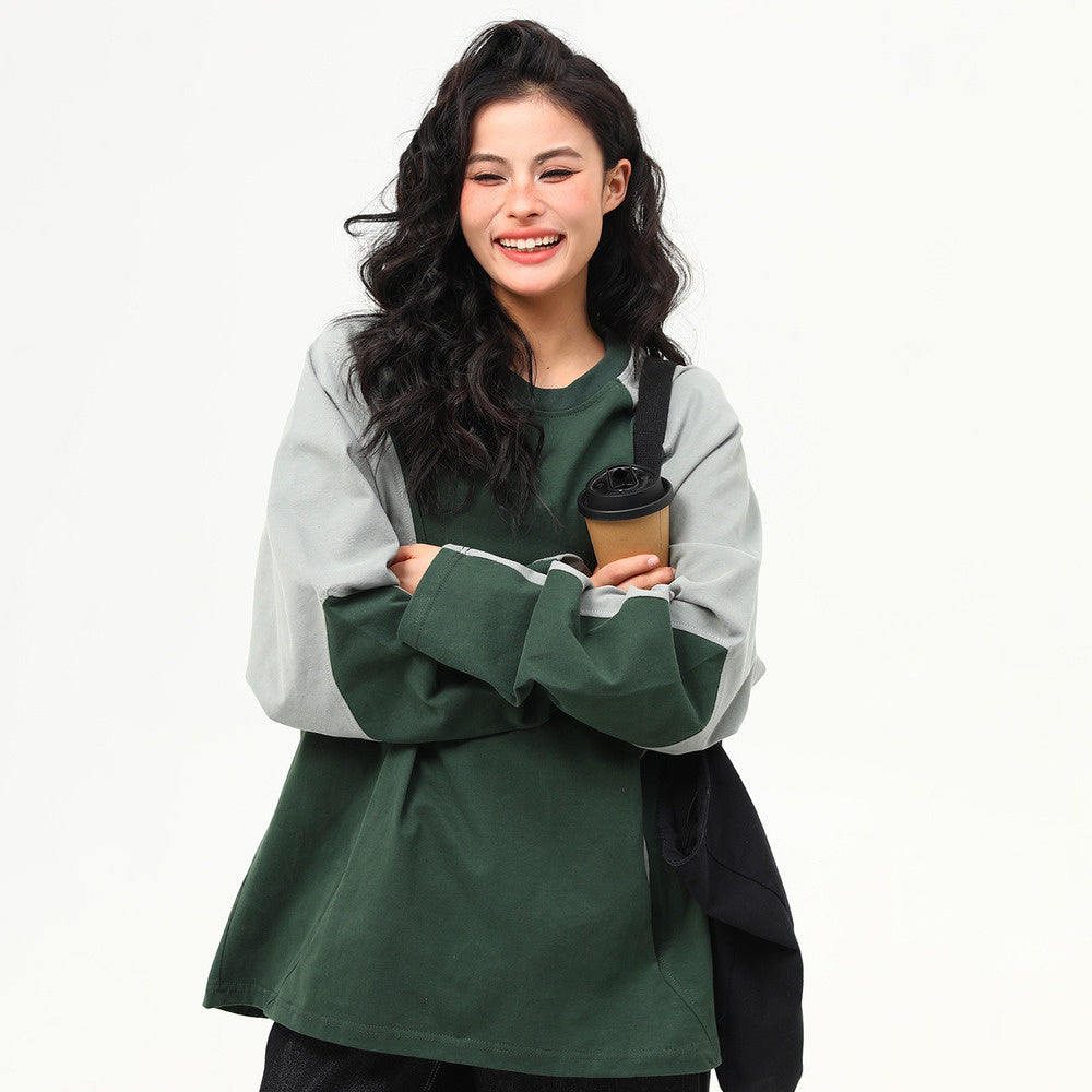 美式復古拼接撞色高級感長袖衛衣女寬鬆潮流上衣