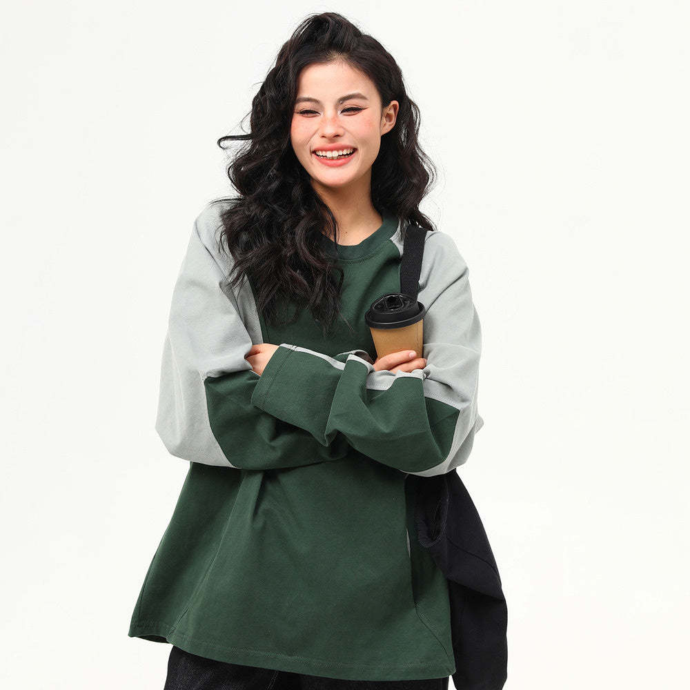 美式復古拼接撞色高級感長袖衛衣女寬鬆潮流上衣