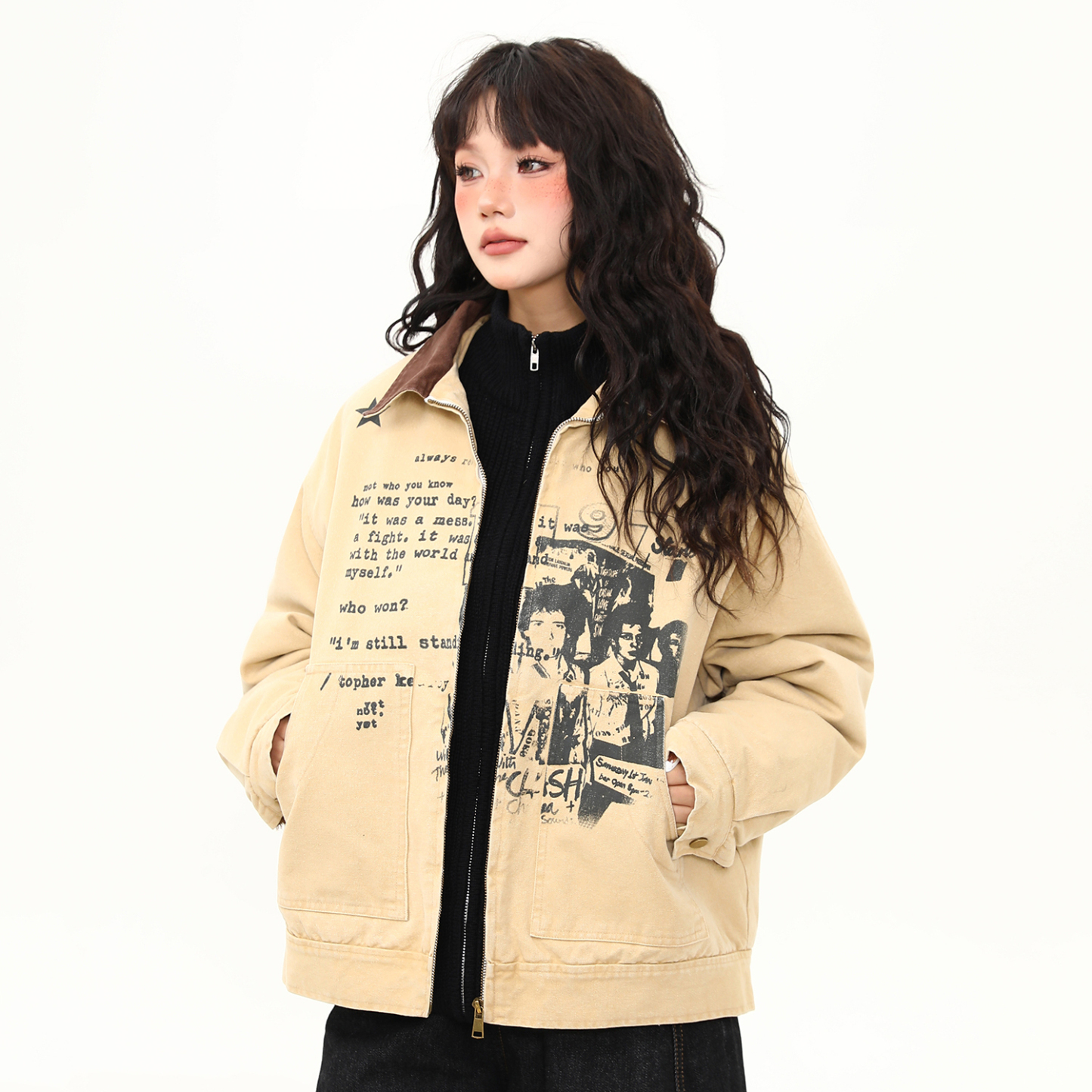 美式復古塗鴉印花羊羔絨夾克外套女冬季加厚保暖上衣