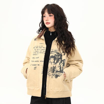 美式復古塗鴉印花羊羔絨夾克外套女冬季加厚保暖上衣