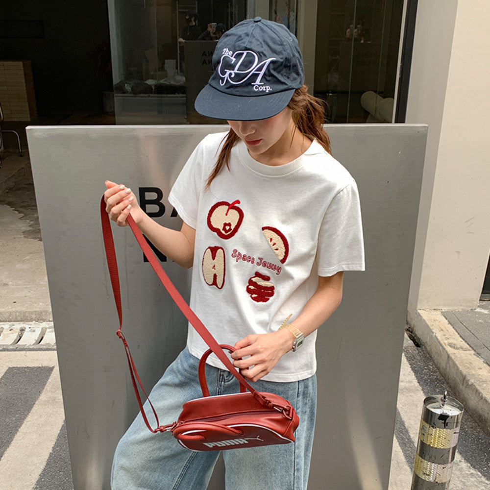 簡約蘋果毛巾繡修身短袖t恤女夏2025新款圓領正肩上衣