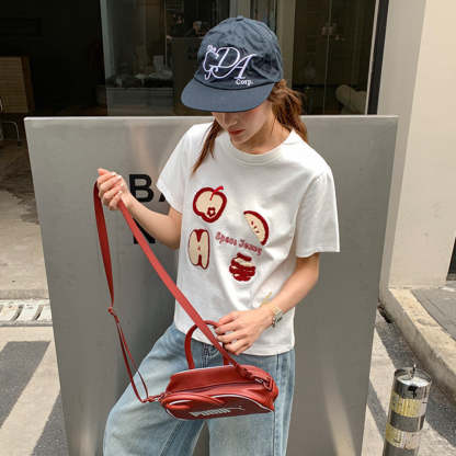 簡約蘋果毛巾繡修身短袖t恤女夏2025新款圓領正肩上衣