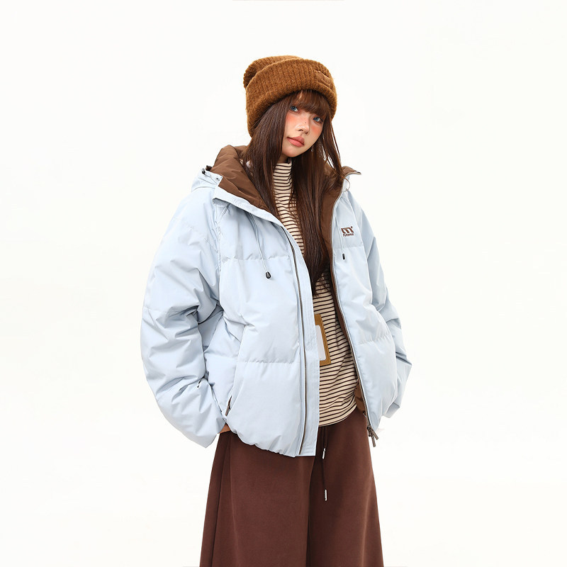 美式復古90白鴨絨羽絨服女冬季撞色戶外保暖連帽棉服外套