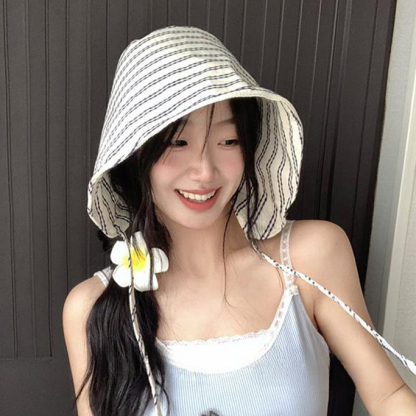 法式條紋漁夫帽女夏季新款小眾百搭大簷顯臉小水桶帽遮陽防曬帽子