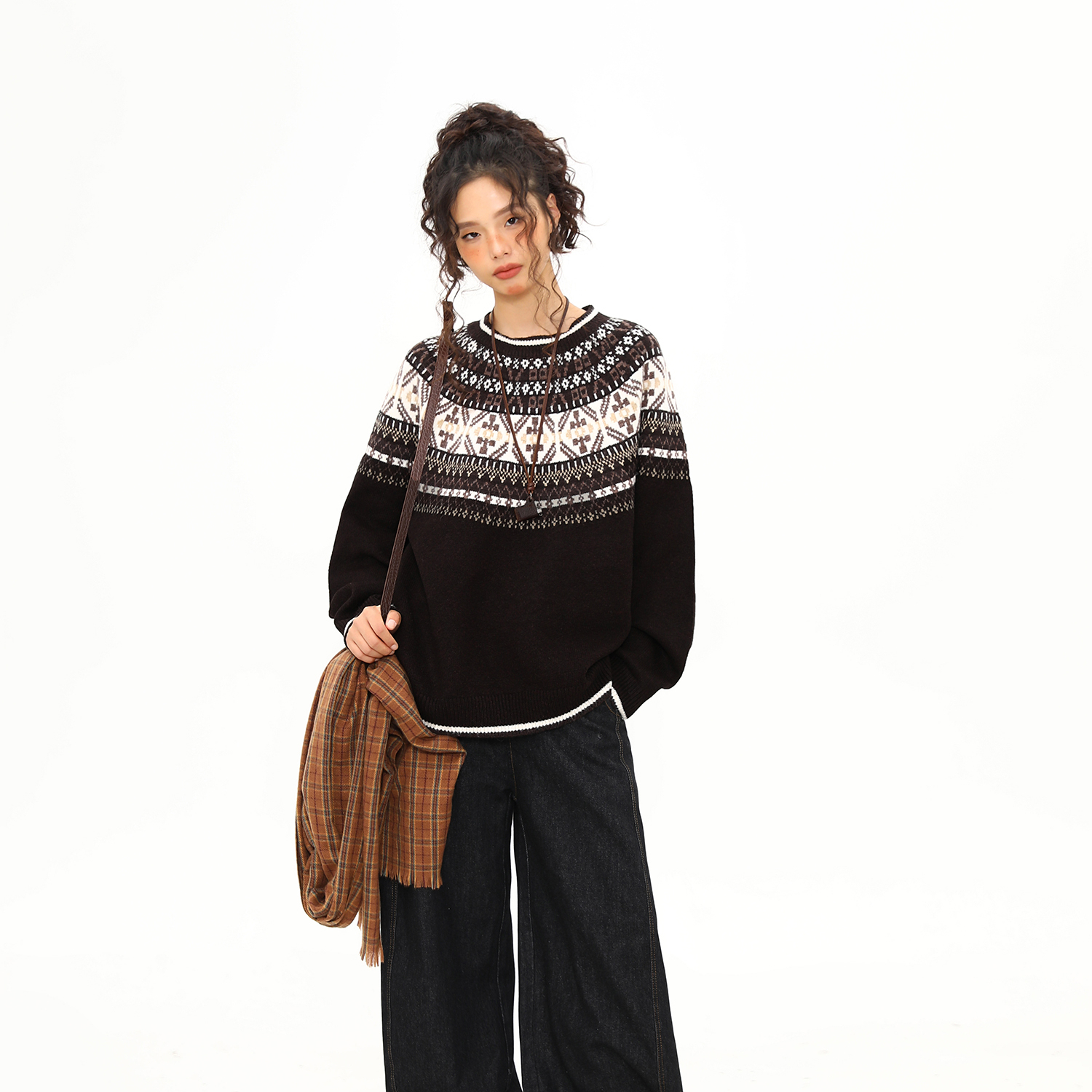 美式復古費爾島提花毛衣女秋冬慵懶風圓領軟糯針織衫上衣