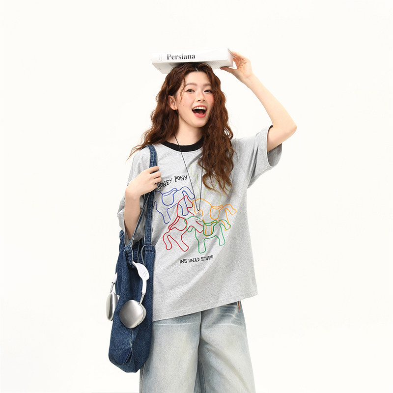 馬年創意刺繡美式寬鬆短袖T恤女夏季百搭休閒上衣