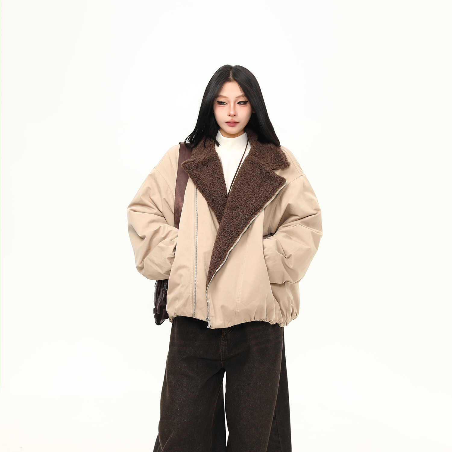 冬季拉鍊斜襟設計感羊羔絨棉服外套女寬鬆加厚保暖棉衣