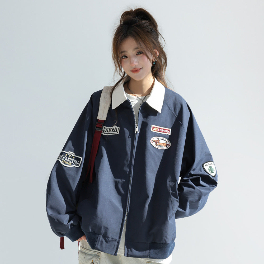 美式慵懶chic韓系外套女春2025新款撞色翻領工裝夾克