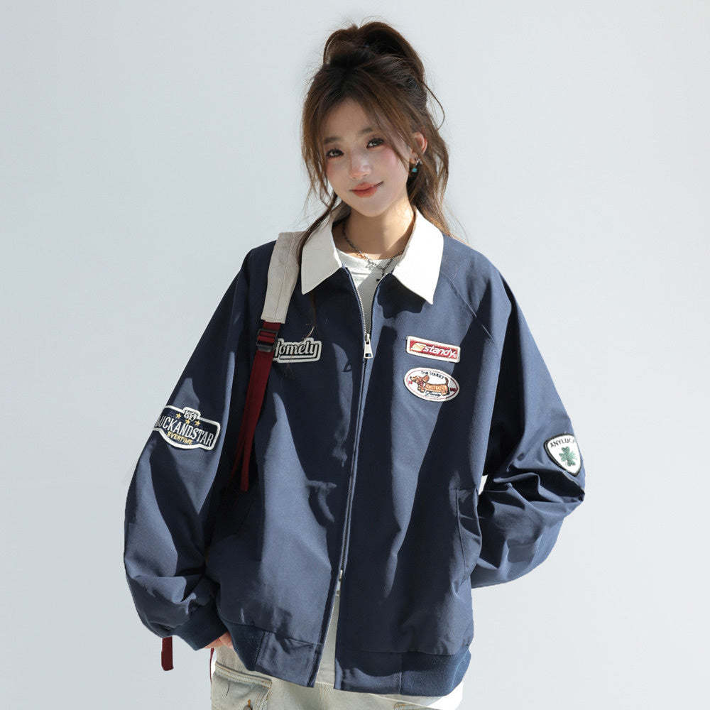 美式慵懶chic韓系外套女春2025新款撞色翻領工裝夾克