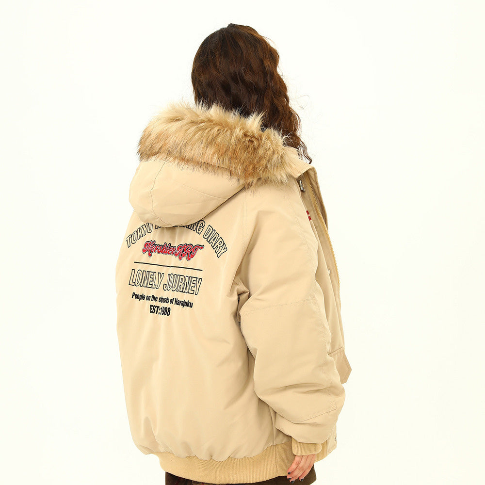美式復古座山雕毛領冬季棉服外套女工裝風派克服連帽棉衣