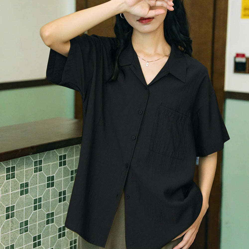 港風復古簡約風綠色夏季新款設計感短袖襯衫寬鬆上衣顯瘦襯衣女