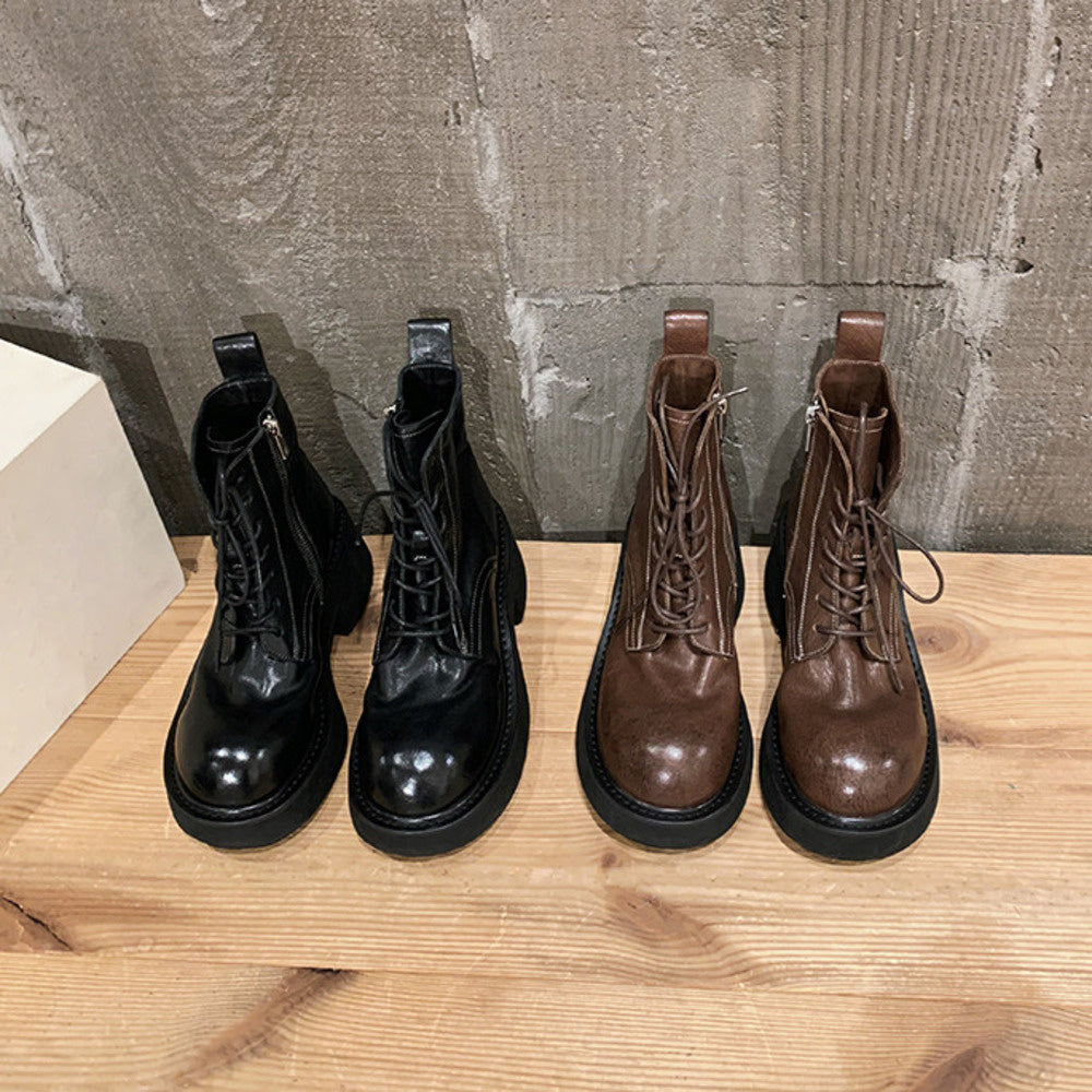 水洗縮紋馬皮系帶粗跟厚底馬丁短靴女春秋單靴
