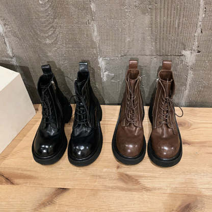 水洗縮紋馬皮系帶粗跟厚底馬丁短靴女春秋單靴