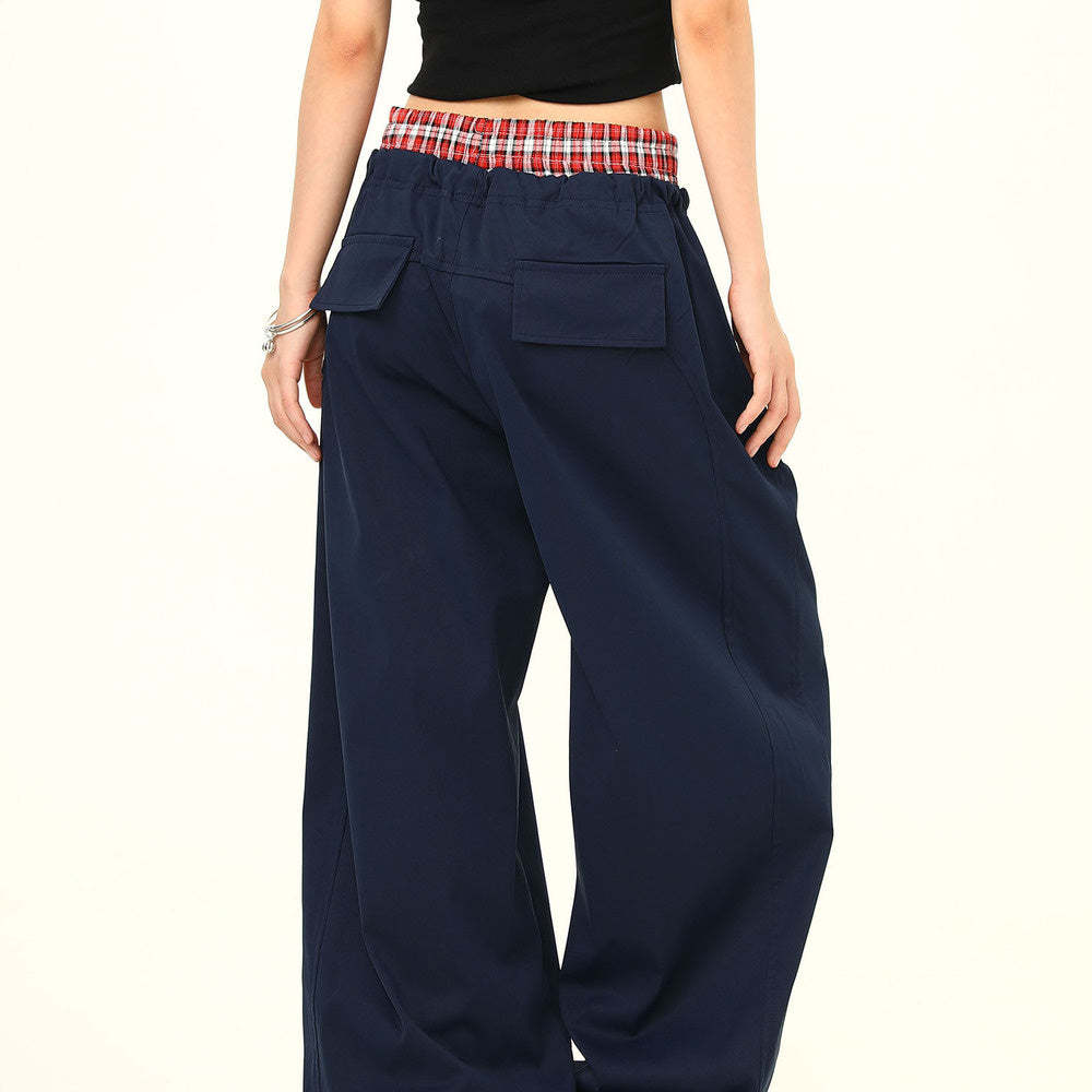 雙腰頭格子拼接假兩件休閒褲女美式復古運動工裝褲子