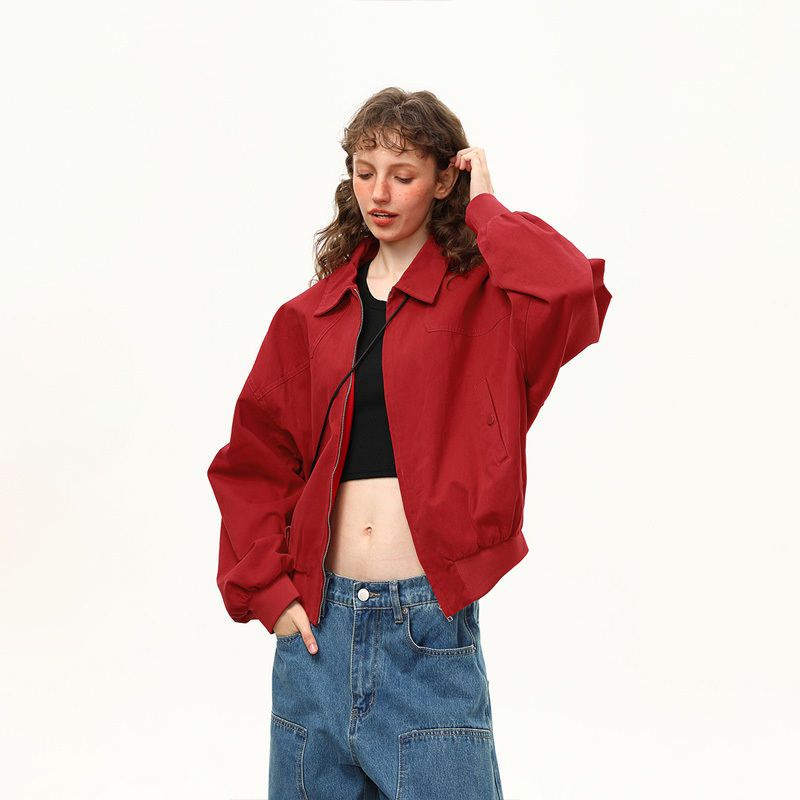 紅色哈靈頓夾克女秋季基礎百搭短寬鬆外套潮高級感上衣