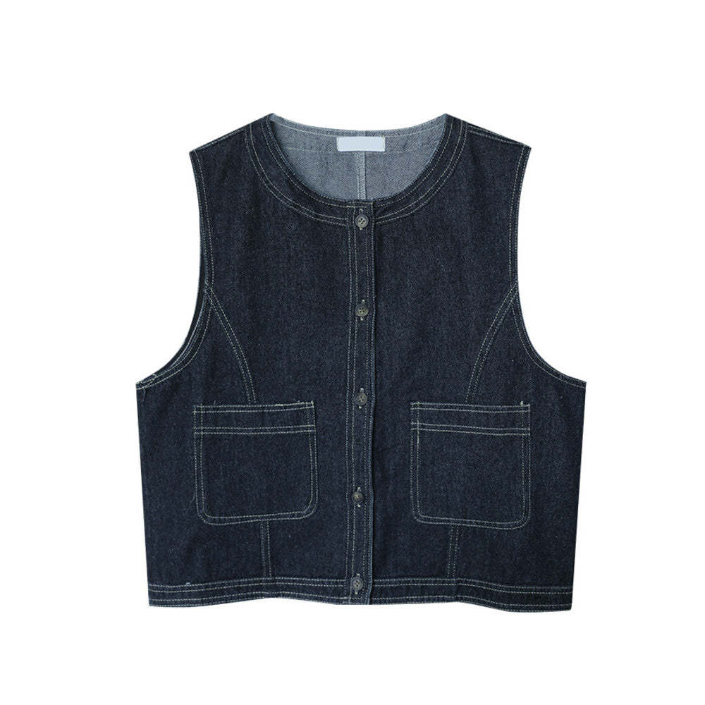 明線復古牛仔馬甲女春秋外套小個子百搭顯瘦短款寬鬆小坎肩外搭