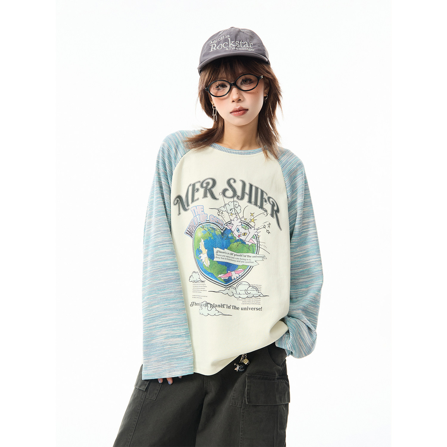 美式復古撞色條紋長袖T恤女春季插肩袖寬鬆圓領打底衫上衣
